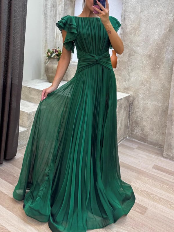 Дамска дълга вечерна рокля от шифон с кръгло деколте, къси ръкави и плисирана A‑линия