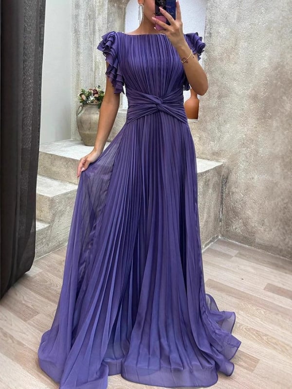 Дамска дълга вечерна рокля от шифон с кръгло деколте, къси ръкави и плисирана A‑линия