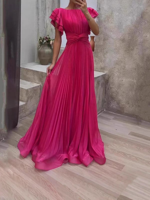 Дамска дълга вечерна рокля от шифон с кръгло деколте, къси ръкави и плисирана A‑линия