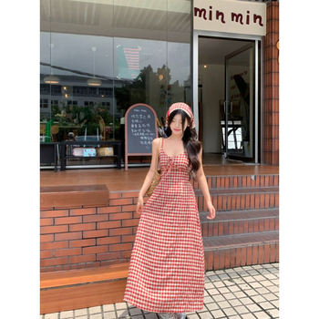 Ruuduline spagetikleit, polo krae, käedeta, kõrge vöökoht, A-liiniline pikk kleit, TR kangas