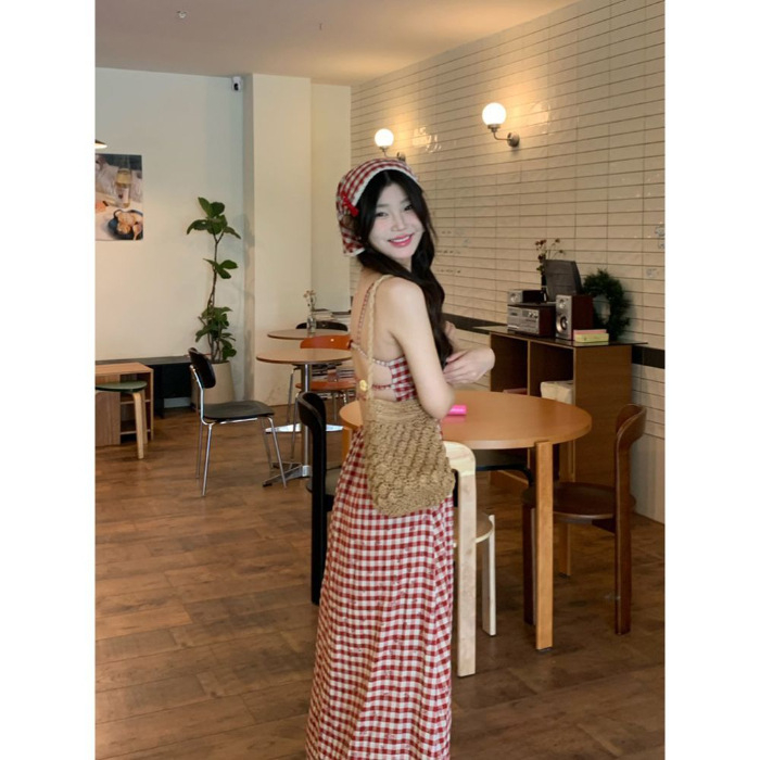 Ruuduline spagetikleit, polo krae, käedeta, kõrge vöökoht, A-liiniline pikk kleit, TR kangas