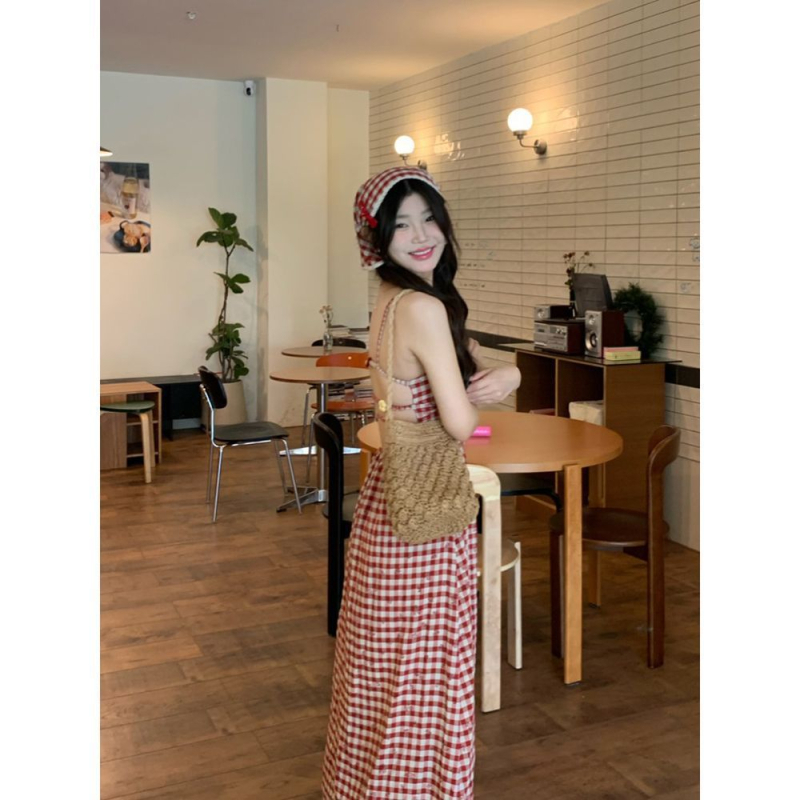 Ruuduline spagetikleit, polo krae, käedeta, kõrge vöökoht, A-liiniline pikk kleit, TR kangas