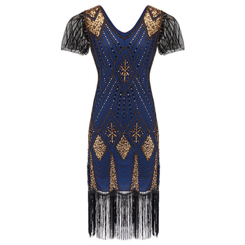 1920-ųjų metų retro šukos su siuvinėjimo ir spindesiais, kutai, gilus V formos iškirptė, 3/4 rankovės, midi ilgis, liemens siluetas, medvilnės mišinio audinys su poli(etilenu) ir vinilonų pluoštais