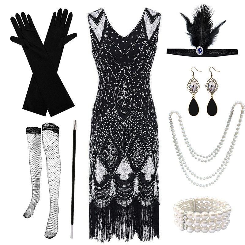 1920-ųjų metų retro šukos su siuvinėjimo ir spindesiais, kutai, gilus V formos iškirptė, 3/4 rankovės, midi ilgis, liemens siluetas, medvilnės mišinio audinys su poli(etilenu) ir vinilonų pluoštais