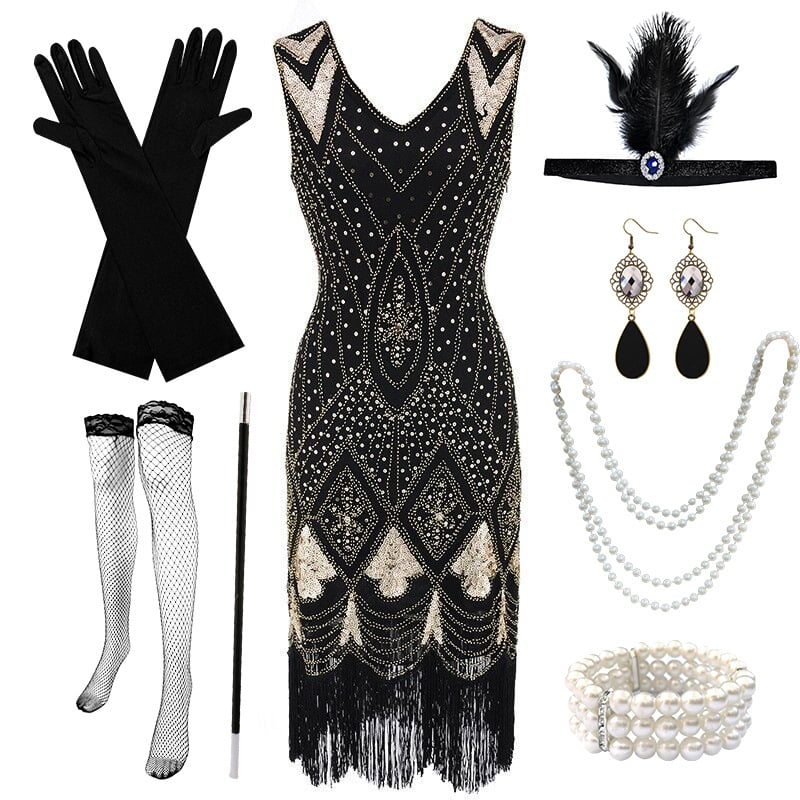 1920-ųjų metų retro šukos su siuvinėjimo ir spindesiais, kutai, gilus V formos iškirptė, 3/4 rankovės, midi ilgis, liemens siluetas, medvilnės mišinio audinys su poli(etilenu) ir vinilonų pluoštais