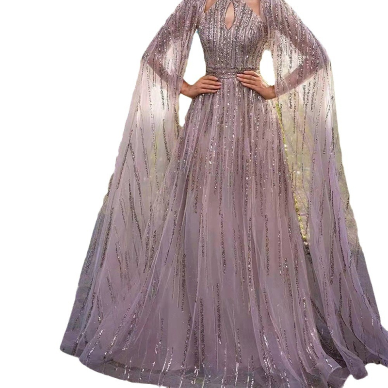 Vakarinių suknelių be peties, ilgos rankovės, juosmens viduryje, fishtail siluetas su ilga sijona, audinys poliesteris ir elastanas (80–90%).