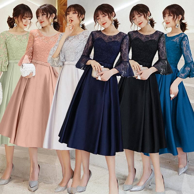 A linijos vakarinė suknelė su aukštu juosmeniu, 3/4 rankovės, ilgas sijonas, poliesterio audinys (70–80%).