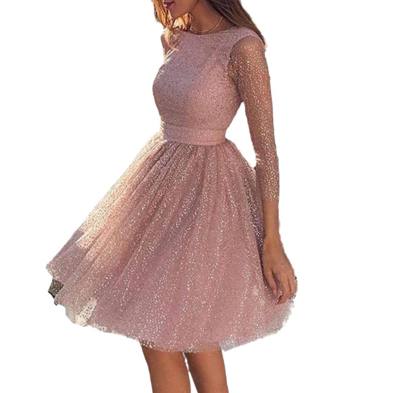 Yuqi ilga rankovė suknelė, aukštas liemuo, A linijos siluetas, midi ilgis, audinys iš tussah šilko ir viskozės, pagrindinės medžiagos kiekis iki 30%