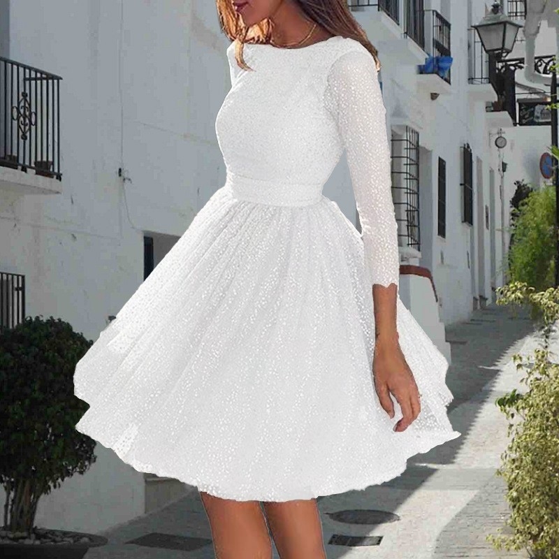 Yuqi ilga rankovė suknelė, aukštas liemuo, A linijos siluetas, midi ilgis, audinys iš tussah šilko ir viskozės, pagrindinės medžiagos kiekis iki 30%