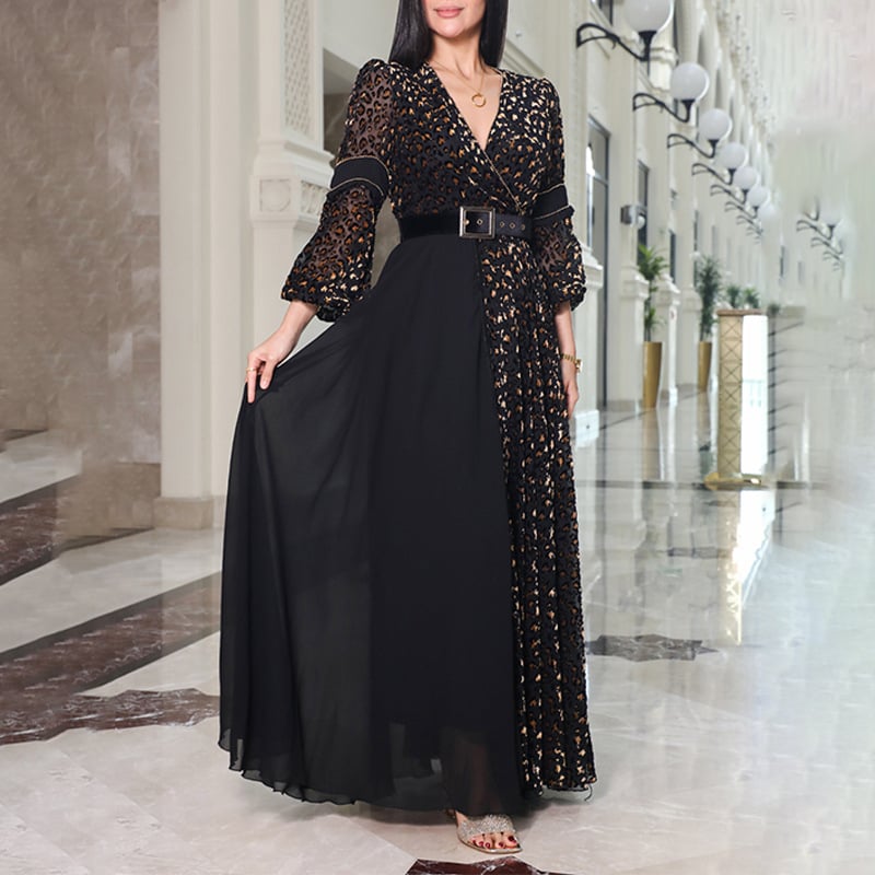 Vakarinių suknelių su giliu V iškirpte, A linijos siluetas, ilga suknelė, juosmuo – vidurinis, 70-80% poliesterio mišinys