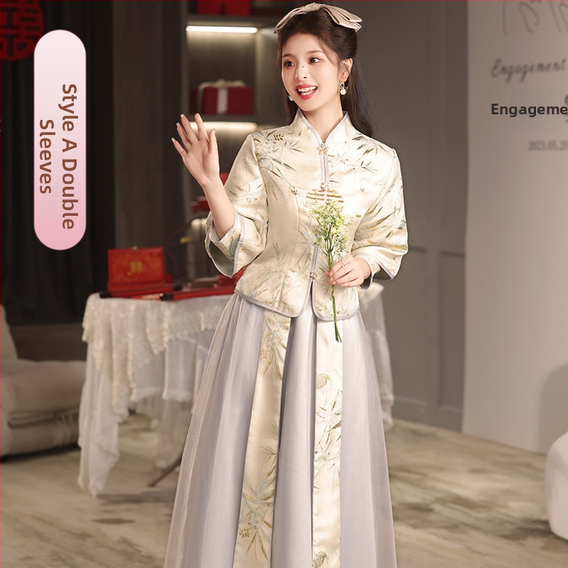 Pamergės suknelė, ilgomis rankovėmis, ilga suknelė, tinklinis audinys, stovinti apykaklė