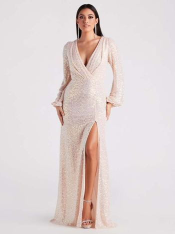 Formali vakarinė suknelė su giliu V iškirpte, ilgomis rankovėmis, ilgas sijonas, poliesteris