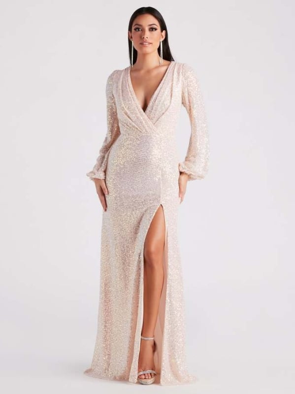 Formali vakarinė suknelė su giliu V iškirpte, ilgomis rankovėmis, ilgas sijonas, poliesteris