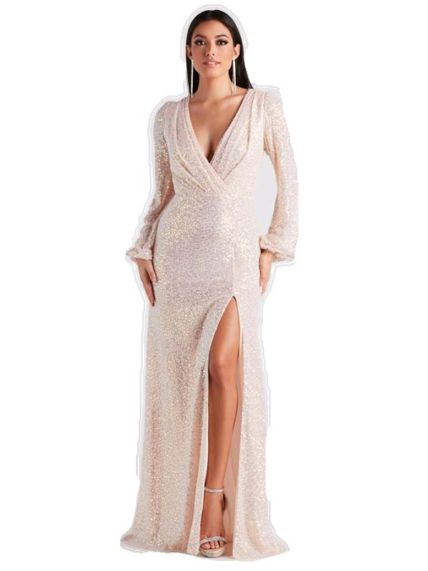 Formali vakarinė suknelė su giliu V iškirpte, ilgomis rankovėmis, ilgas sijonas, poliesteris