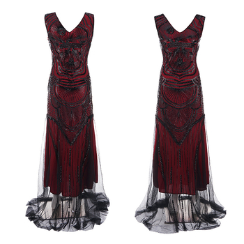 Ilga vakarinė suknelė 1920-ųjų stiliaus, su perliukais, tinklinio audinio detalėmis ir blizgučiais; poliesteris