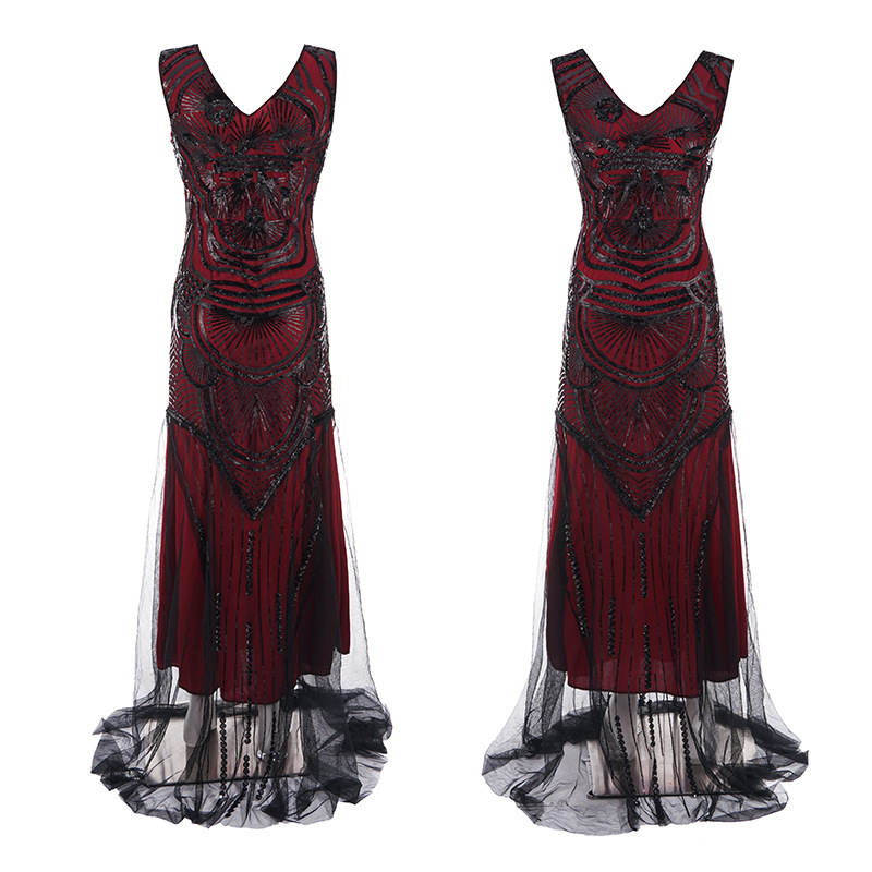 Μακριά βραδινή τουαλέτα σε στυλ 1920‑s, με χάντρες, διχτυωτό ύφασμα και παγιέτες, πολυεστερικό ύφασμα