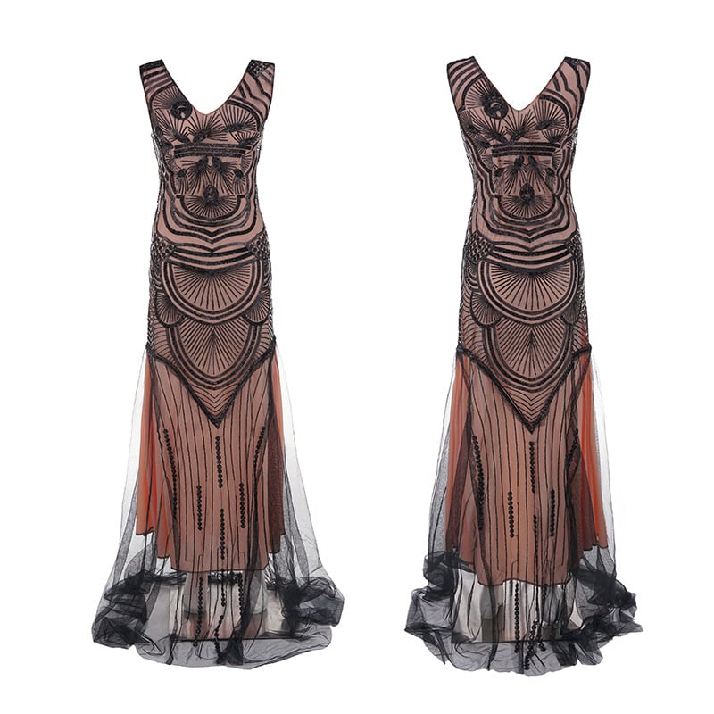 Ilga vakarinė suknelė 1920-ųjų stiliaus, su perliukais, tinklinio audinio detalėmis ir blizgučiais; poliesteris