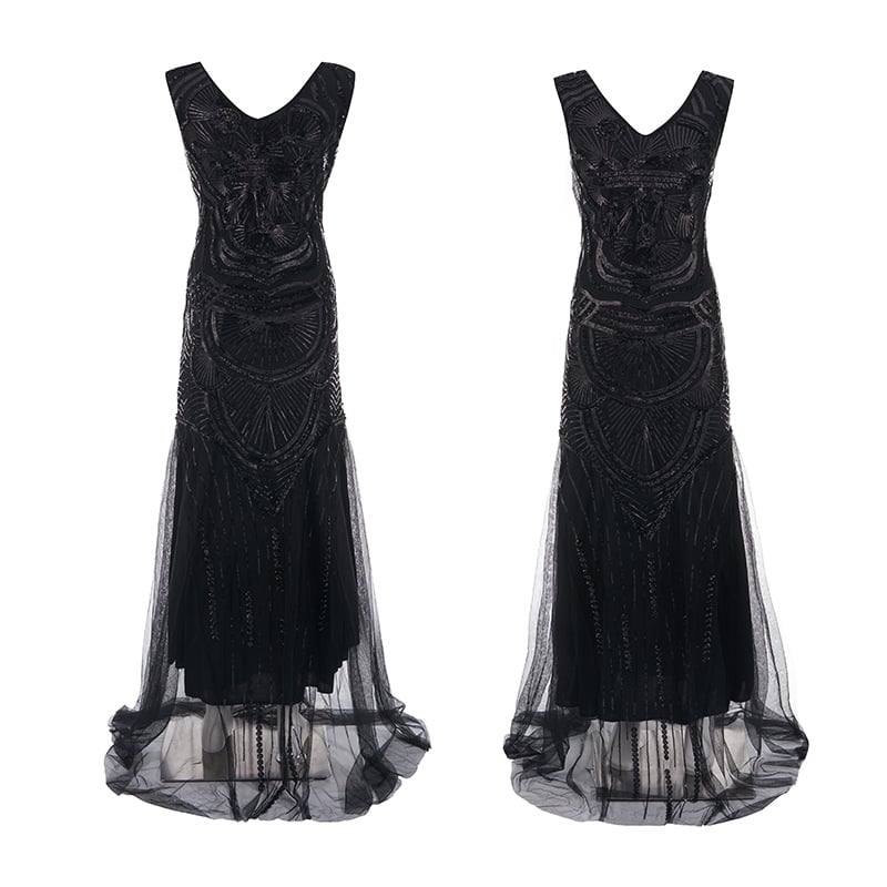 Ilga vakarinė suknelė 1920-ųjų stiliaus, su perliukais, tinklinio audinio detalėmis ir blizgučiais; poliesteris