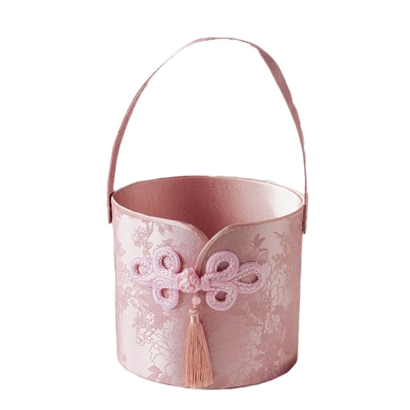 Kinų stiliaus sužadėtuvių dovanos dėžutė su gėlių krepšelio motyvu, apvali forma, popieriaus medžiaga, vestuvėms