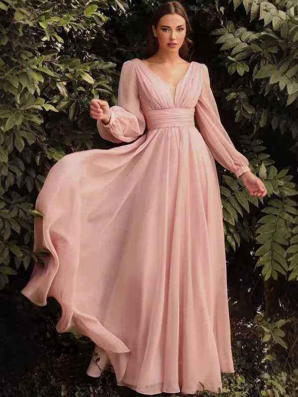 Βραδινό φόρεμα chiffon, βαθύ V ντεκολτέ, μακριά μανίκια, μακριά φούστα, μέση μεσαία, φθινόπωρο 2024