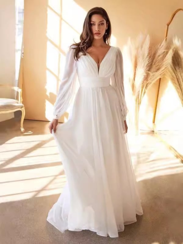 Šifono vakarinė suknelė, gilus V iškirptė, ilgos rankovės, ilgas sijonas, juosmuo vidutinio pločio, ruduo 2024