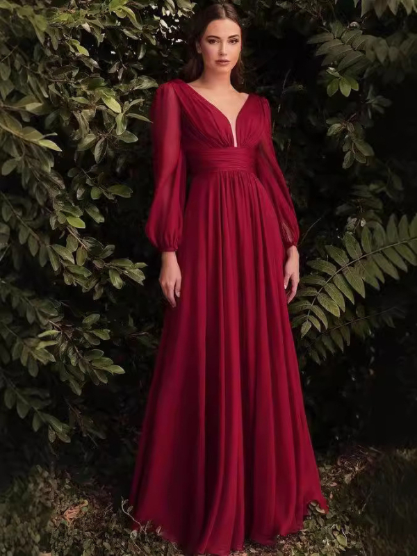Βραδινό φόρεμα chiffon, βαθύ V ντεκολτέ, μακριά μανίκια, μακριά φούστα, μέση μεσαία, φθινόπωρο 2024