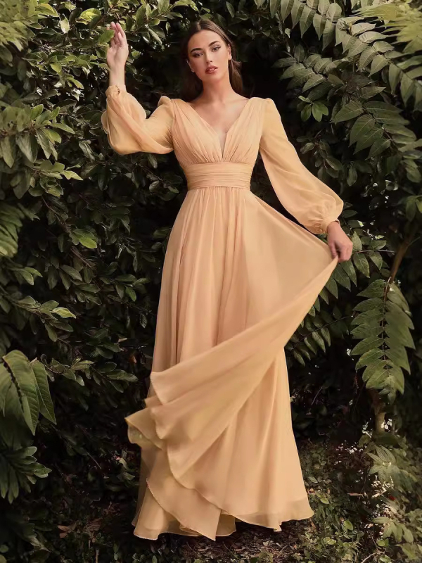 Βραδινό φόρεμα chiffon, βαθύ V ντεκολτέ, μακριά μανίκια, μακριά φούστα, μέση μεσαία, φθινόπωρο 2024