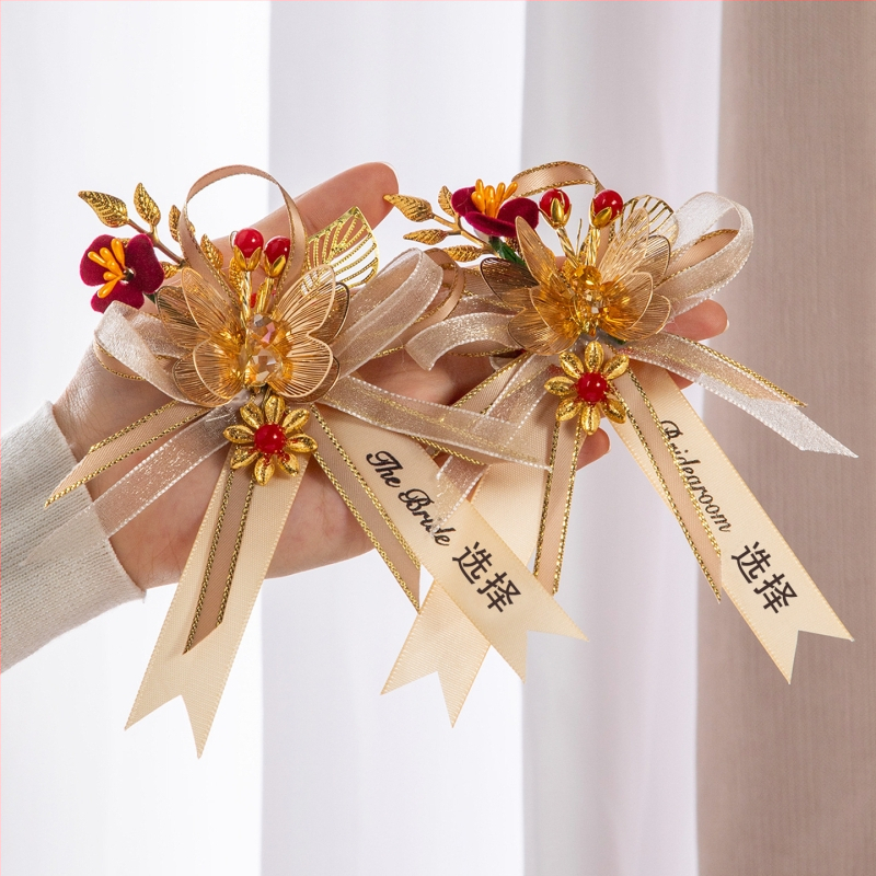 Kāzu korsāge ar pūķi un feniksu, ķīniešu stilā, materiāls: lente, mašīnveidā ražots, paredzēts kāzām, pilns ģimenes komplekts