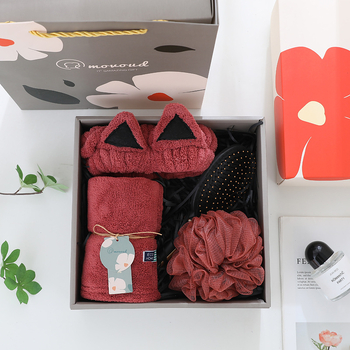 Комплект лента за глава с котешки уши и кърпа в подаръчна кутия — корал флийс; тегло 280 г; марка Mufanduo; персонализируем; опаковка: подаръчна кутия