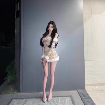 Рокля за Коледа с пайети и халтер, талия подчертана, полиестер, за жени, есенно-зимна