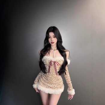 Рокля за Коледа с пайети и халтер, талия подчертана, полиестер, за жени, есенно-зимна