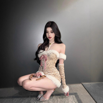 Рокля за Коледа с пайети и халтер, талия подчертана, полиестер, за жени, есенно-зимна