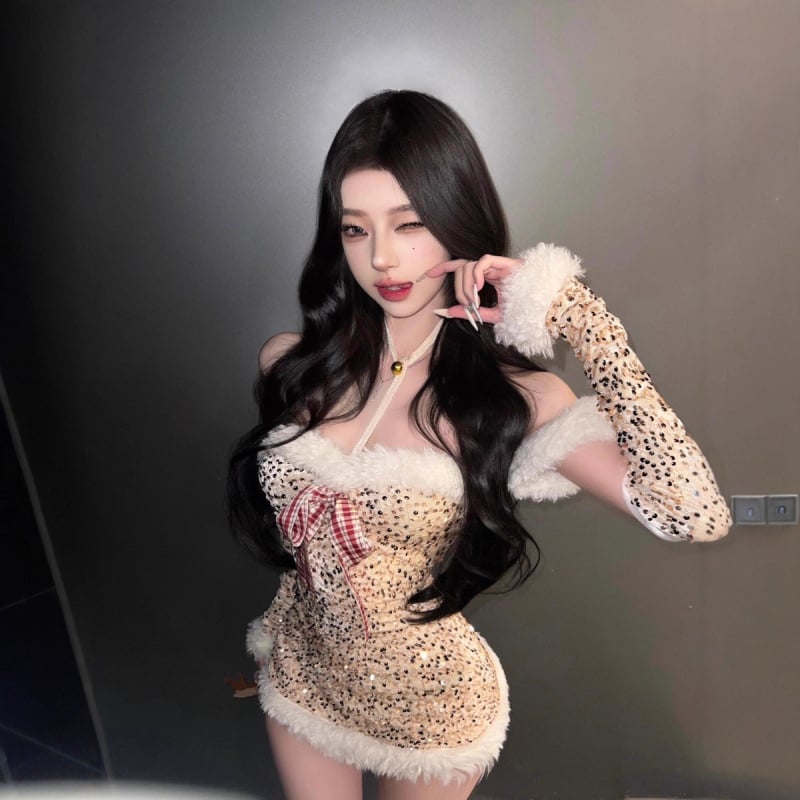 Рокля за Коледа с пайети и халтер, талия подчертана, полиестер, за жени, есенно-зимна