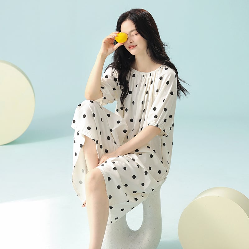 Antibakterinė medvilninė naktinė suknelė, ilga, vasarai, 3/4 rankovės, apvali kaklo linija, 95–100% medvilnė