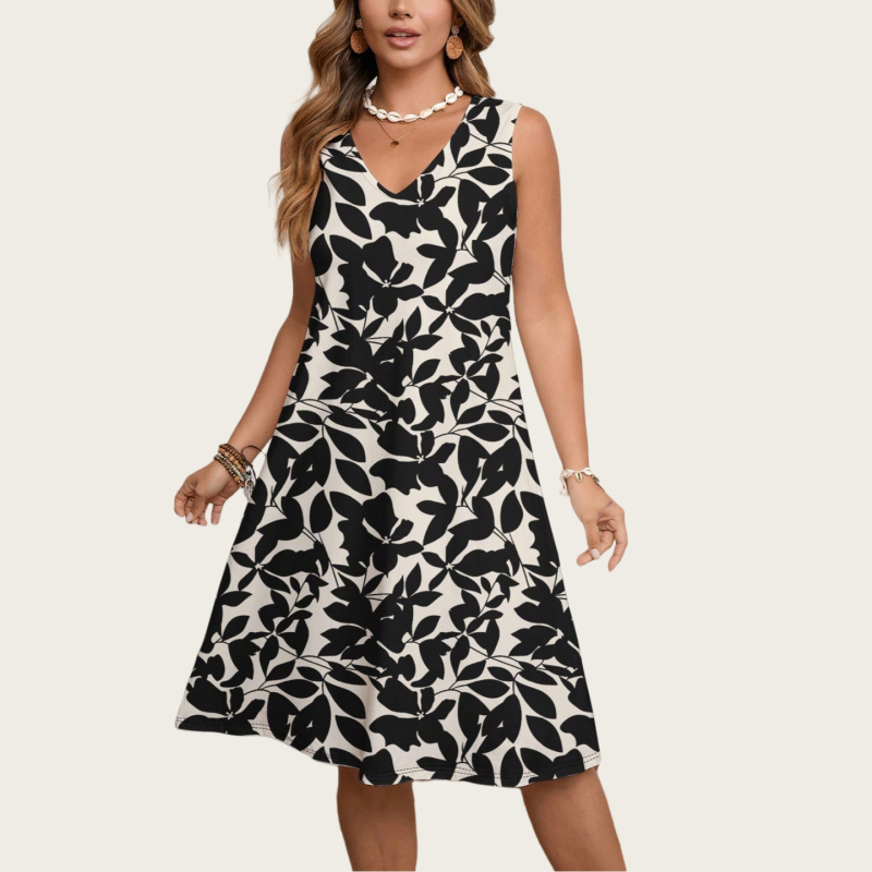 Rochie boemă de vară pentru femei, imprimeu plante și flori, decolteu în V, fără mâneci, croială A-line, lungime medie, poliester cu elastan