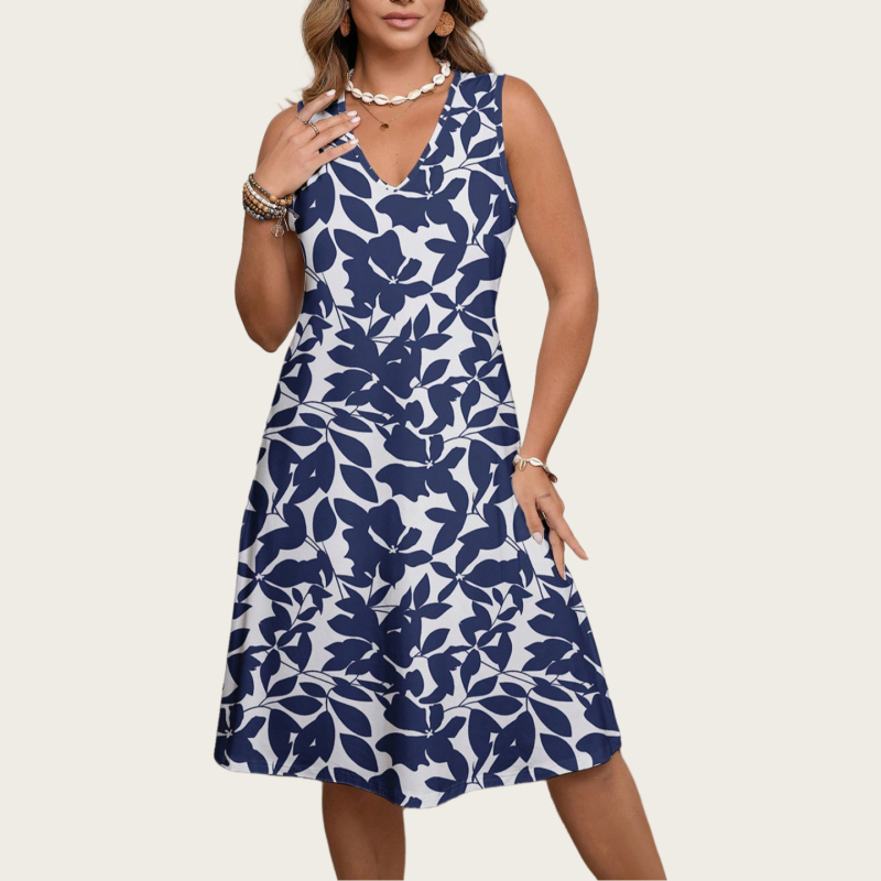 Rochie boemă de vară pentru femei, imprimeu plante și flori, decolteu în V, fără mâneci, croială A-line, lungime medie, poliester cu elastan