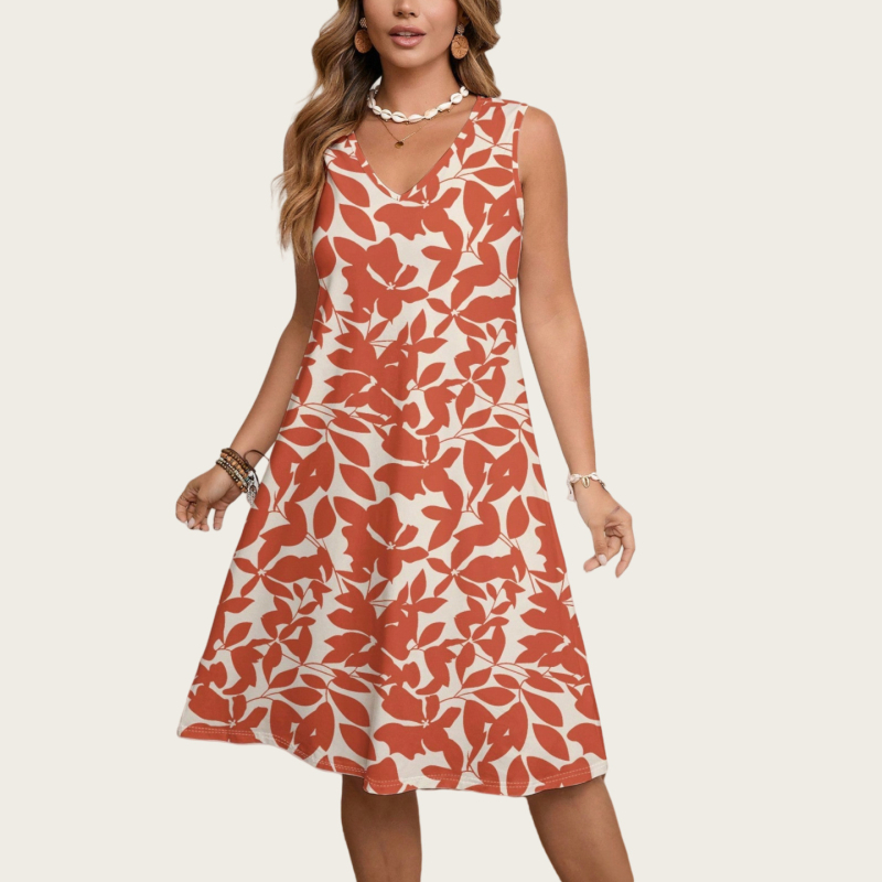 Rochie boemă de vară pentru femei, imprimeu plante și flori, decolteu în V, fără mâneci, croială A-line, lungime medie, poliester cu elastan