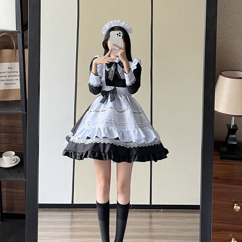 Maid cosplay suknelė - Britiško stiliaus ilgos rankovės, Japonų stiliaus uniforma - Sintetinių pluoštų mišinys, Poliesteris, Zi Xiao