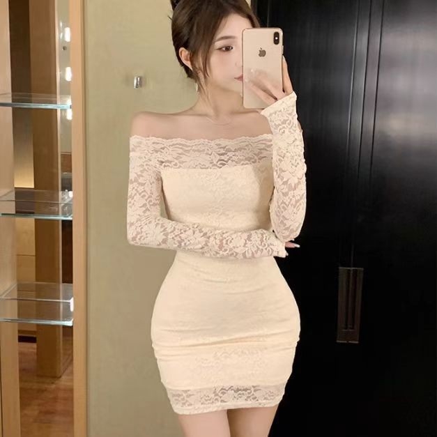 Рокля с едно рамо от дантела, bodycon кройка, къс модел, полиестер, за жени