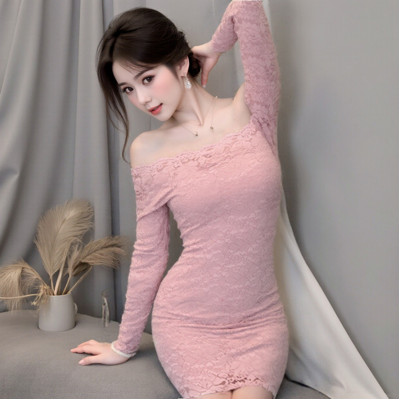 Рокля с едно рамо от дантела, bodycon кройка, къс модел, полиестер, за жени