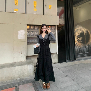 Rochie tricotată pentru femei, design faux din două părți, în stilul Hepburn franțuzesc, toamnă-iarnă, croială A-line, guler păpușă, mâneci lungi