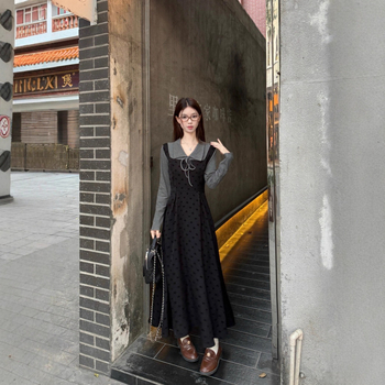 Rochie tricotată pentru femei, design faux din două părți, în stilul Hepburn franțuzesc, toamnă-iarnă, croială A-line, guler păpușă, mâneci lungi