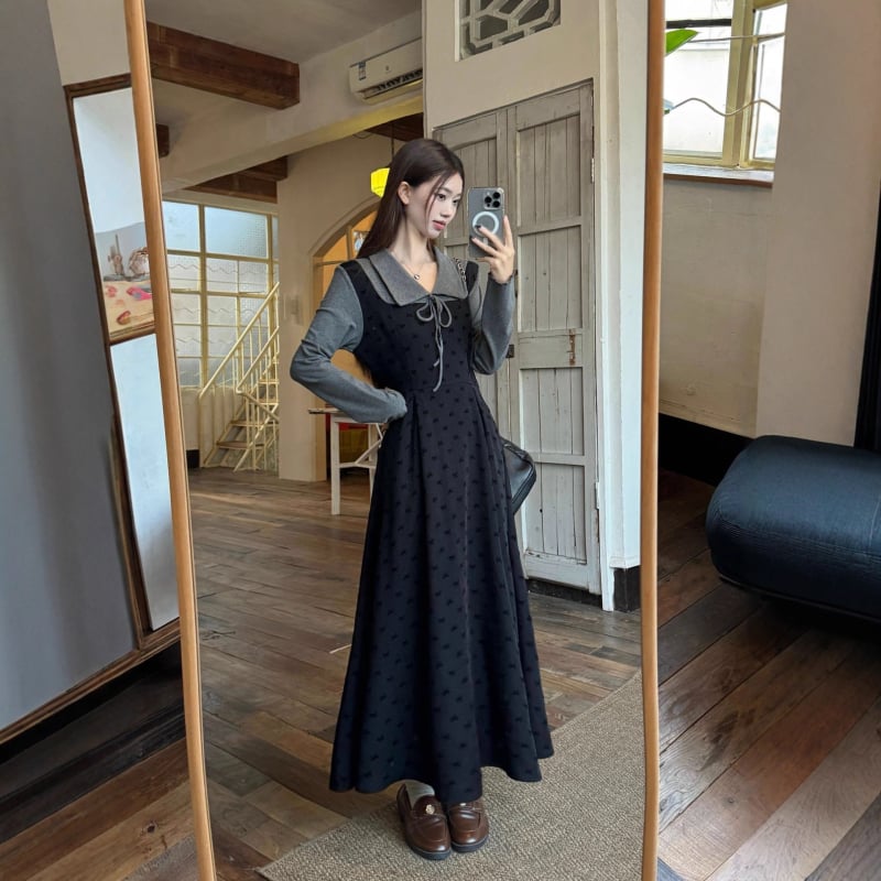 Rochie tricotată pentru femei, design faux din două părți, în stilul Hepburn franțuzesc, toamnă-iarnă, croială A-line, guler păpușă, mâneci lungi