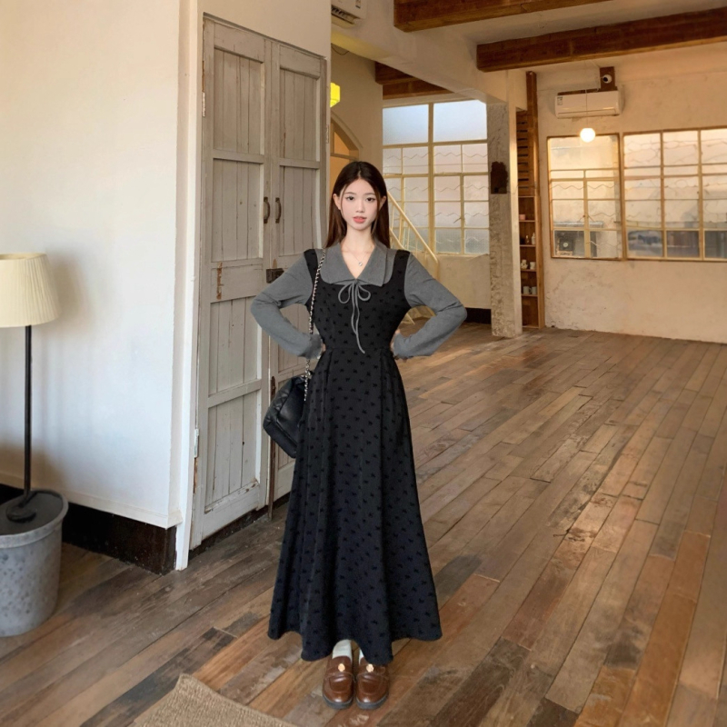 Rochie tricotată pentru femei, design faux din două părți, în stilul Hepburn franțuzesc, toamnă-iarnă, croială A-line, guler păpușă, mâneci lungi