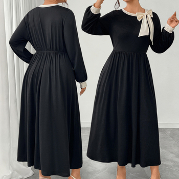 Rochie în stil Hepburn cu fundă și panouri color-block, lungime midi, guler rotund, mâneci lungi bufante