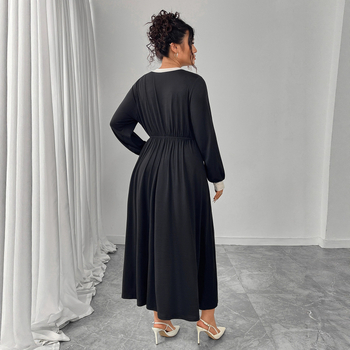 Rochie în stil Hepburn cu fundă și panouri color-block, lungime midi, guler rotund, mâneci lungi bufante