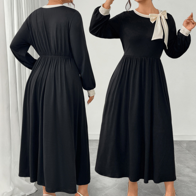 Rochie în stil Hepburn cu fundă și panouri color-block, lungime midi, guler rotund, mâneci lungi bufante