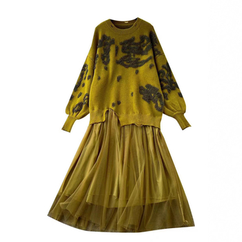 Ženska haljina s patchworkom velikog formata, jesen-zima moda, elegantna duga haljina, Harajuku stil.