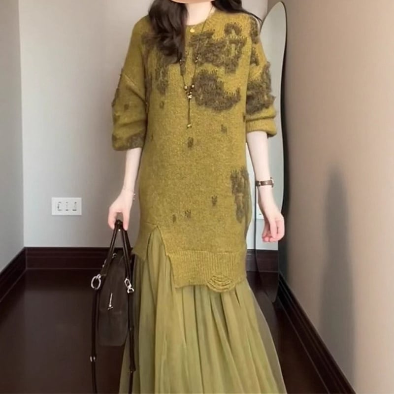 Ženska haljina s patchworkom velikog formata, jesen-zima moda, elegantna duga haljina, Harajuku stil.