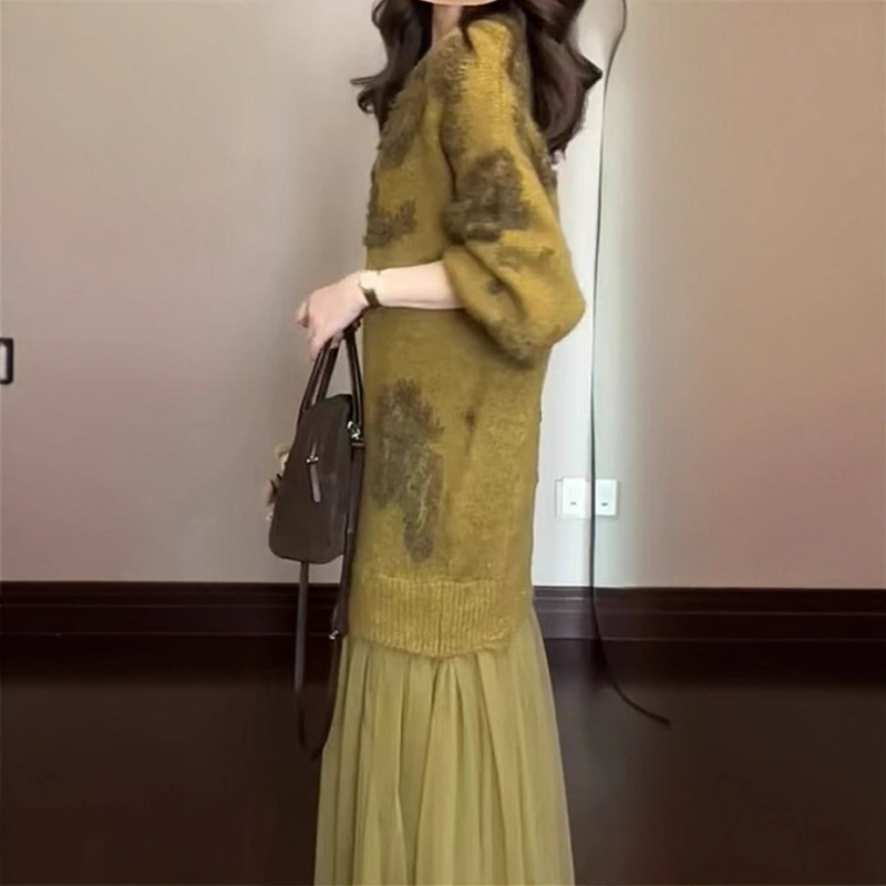 Ženska haljina s patchworkom velikog formata, jesen-zima moda, elegantna duga haljina, Harajuku stil.